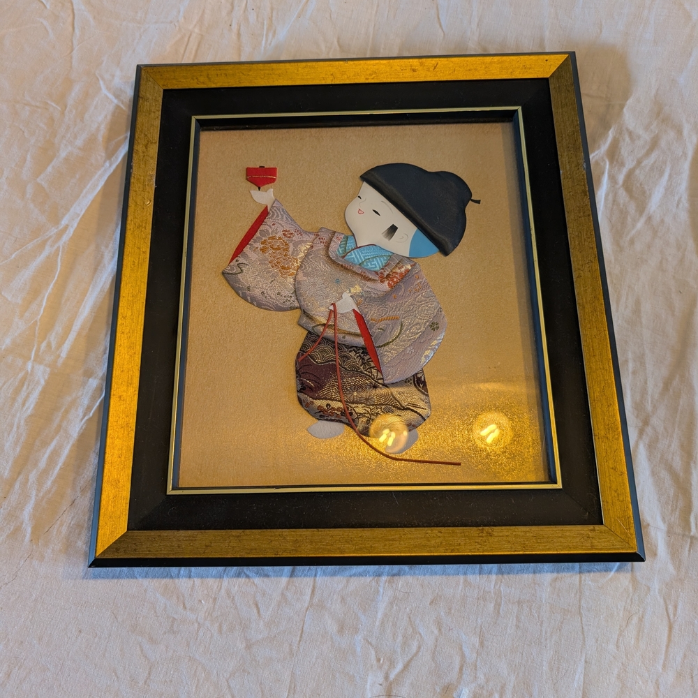 2/40$ Vintage Framed Japanese Doll Wall Art in Gold, Black, Blue